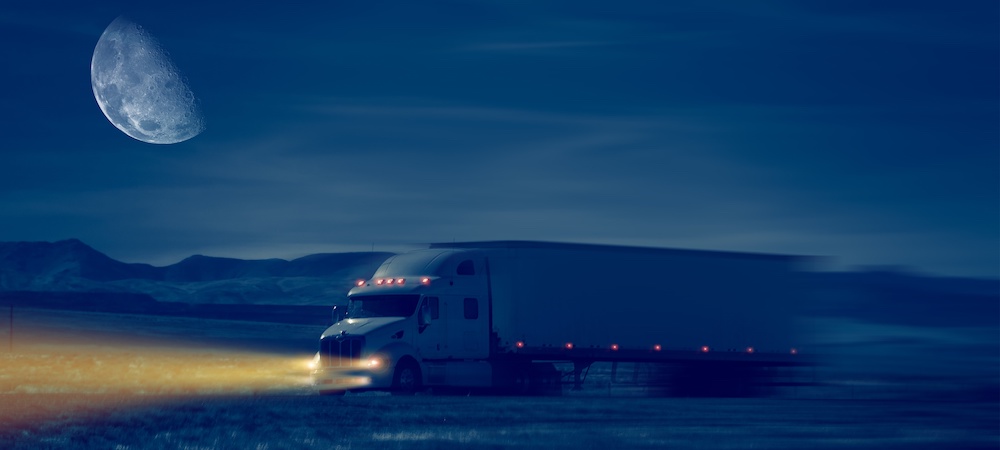 Night Truck Drive in Desert Area. Trucking Concept Illustration.
